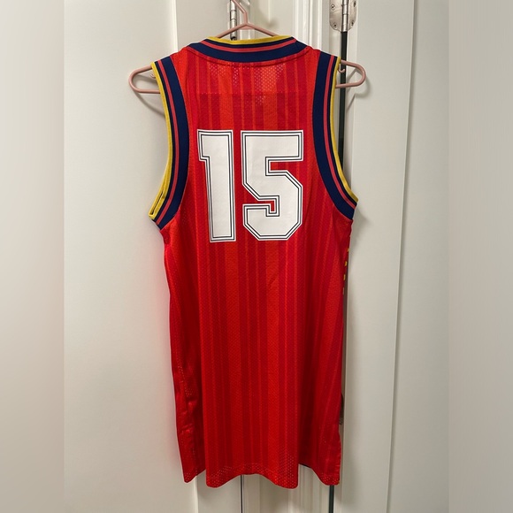 Adidas Red Mesh Striped Tank Side Slit Dress with Embroidered Emblem & Signature - Picture 2 of 9